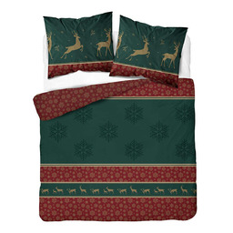 Detexpol Pościel bawełniana świąteczna 220x200 zielono-bordowa z reniferami