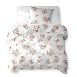 Detexpol Pościel bawełniana 140x200 biała w różowe kwiaty