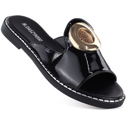 Klapki damskie lakierowane czarne z ozdobą M.Daszyński MR2266-5