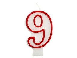 Świeczka cyferka z czerwoną obwódką dziewiątka - "9"