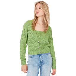 TRENDYOL ZIELONY KRÓTKI SWETER KARDIGAN AŻUROWY Z GUZIKAMI