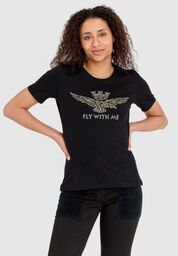 AERONAUTICA MILITARE Czarny bawełniany t-shirt damski z orłem
