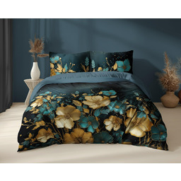 Detexpol Pościel bawełniana 160x200 ciemna w kwiaty złoto-turkusowe