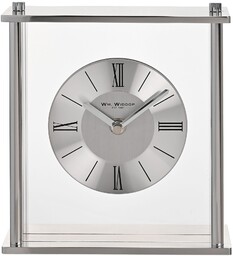 ZEGAR STOJĄCY kwadratowy, srebrny metalowy stelaż, szklany panel,