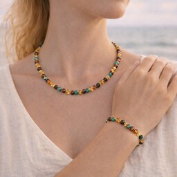 Pakamera Komplet biżuterii z bursztynu i turkusu -