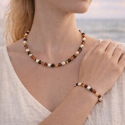 Pakamera Komplet biżuterii z bursztynu i pereł -