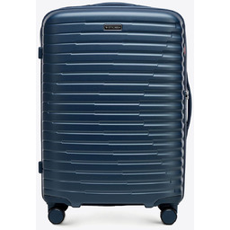 Średnia walizka z polikarbonu w poziome żebrowanie granatowa