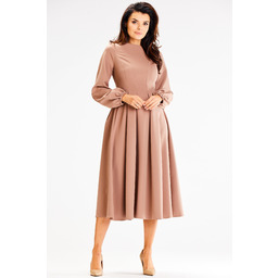 Elegancka Midi Sukienka z Bufiastym Rękawem - Cappuccino