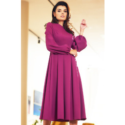 Elegancka Midi Sukienka z Bufiastym Rękawem - Śliwkowa