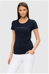 EMPORIO ARMANI Granatowy t-shirt damski z kryształkami, Rozmiar