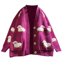 Sweter Różowy W Owieczki Kardigan Z Guzikami