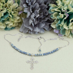 Dumortieryt, srebro 925 - niebieski naszyjnik z krzyżykiem,
