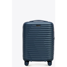 Walizka kabinowa z polikarbonu w poziome żebrowanie granatowa