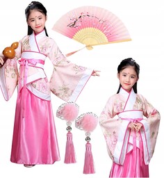 Strój Kostium Japonka Orientalne Kimono Wachlarz Różowy 146/152