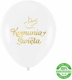 Balony lateksowe ze złotym napisem Komunia Święta -