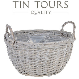 SZARY OKRĄGŁY KOSZ WIKLINOWY Z UCHWYTAMI 30x30x17/23 cm