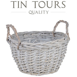 SZARY OKRĄGŁY KOSZ WIKLINOWY Z UCHWYTAMI 24x24x15/20 cm