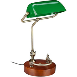 Relaxdays Lampa bankierska retro, lampa biurkowa, drewniana podstawa,
