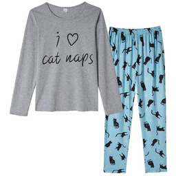 Damska Piżama Komplet Spodnie Koszulka Długi Rękaw Koty