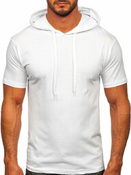 Biały bawełniany t-shirt męski bez nadruku z kapturem