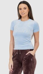 JUICY COUTURE Błękitny welurowy t-shirt damski z błyszczącym