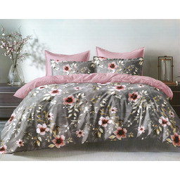 Pościel flanelowa grafitowa w różowe kwiaty PFY-121