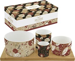 Zestaw 4 porcelanowych kubków na bambusowej tacy kimono