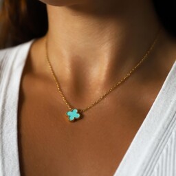 Naszyjnik damski złoty turkusowa koniczynka ze stali chirurgicznej