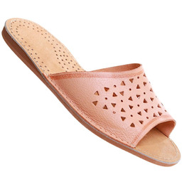 Skórzane klapki domowe ażurowe kapcie beżowe