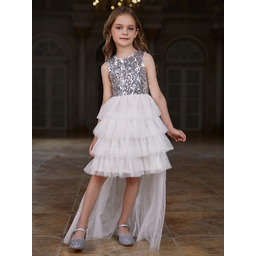 Sukienka Dziewczęca Cekinowa Warstwowa Z Dłuższym Tyłem Srebrna