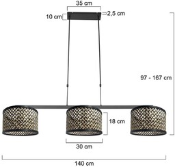 Steinhauer Lampa wisząca Stang, czarna/naturalna wiklina, 3-punktowa