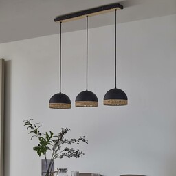 Lindby Lonnaris żyrandol, rattan, czarny, 3-pkt.