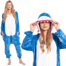 Piżama Damska Kombinezon Kigurumi Onesie Kostium Niebieski Rekin
