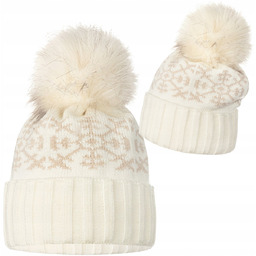 Ecru Damska Czapka Zimowa Z Pomponem Beżowe Śnieżynki