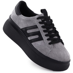 Skórzane półbuty damskie sneakersy na grubej podeszwie szare