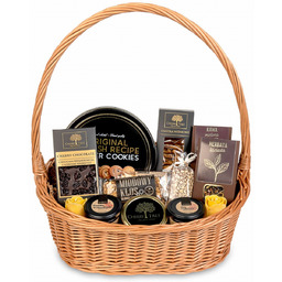 Kosz prezentowy ciemny z ciastkami i słodyczami premium