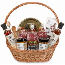 Kosz prezentowy wiklinowy zestaw ciastka czekolady kawa przetwory