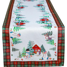 Bieżnik bożonarodzeniowy prostokątny biało-czerwono-zielony w bałwanki BNB13-1