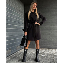 Sukienka Koszulowa Szmizjerka Marina Elegancka z Paskiem Czerń