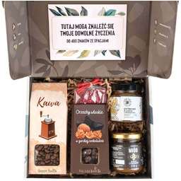 Pudełko zestaw prezentowy kawa, miód, orzechy cytryny czekolada