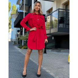 Sukienka Koszulowa Szmizjerka Marina Elegancka z Paskiem Czerwona