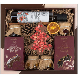 Zestaw prezentowy w pudełku kosz z herbatą kawą