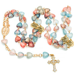 Piękny pastelowy różaniec, I Komunia Św., serduszka, złoty