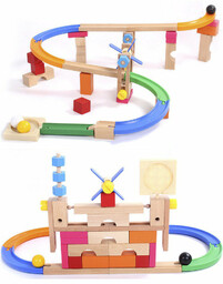 Drewniany tor kulkowy konstrukcyjny z przeszkodami