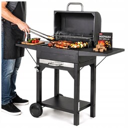 Grill Węglowy Ogrodowy Bbq z Pokrywą Termometr Kółka