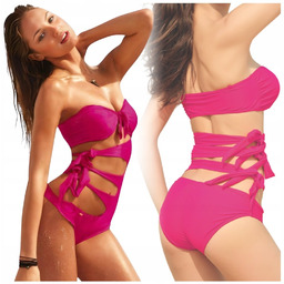 STRÓJ KOSTIUM KĄPIELOWY JEDNOCZĘŚCIOWY MONOKINI RÓŻOWY WIĄZANY MODELUJĄCY
