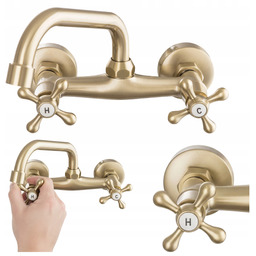 Bateria Umywalkowa Łazienkowa Ścienna Retro Złoto Szczotkowane Obrotowa