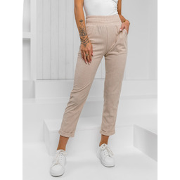 Beżowe materiałowe prążkowane spodnie damskie Denley W7856
