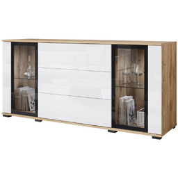 Komoda dąb wotan/biały połysk z szufladami i witrynami