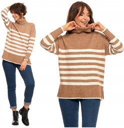 SWETER DAMSKI w Paski Golf Luźny Wygodny Beżowy